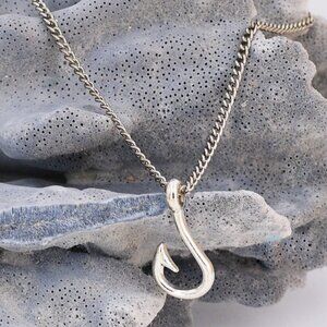 Fish Hook Pendant on Stainless Steel Curb Chain Necklace 16" to 30" 9006-314